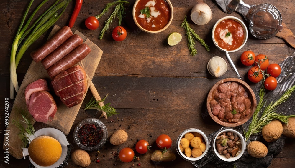 Barbecue menu. Grilled meat and vegetables on rustic wooden table Barbecue menu. Grilled meat and vegetables on rustic wooden table