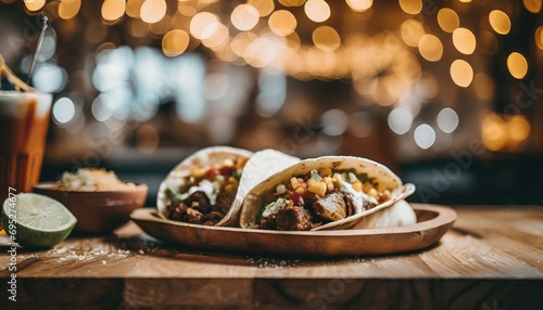 Copy Space image of Burrito wraps from fillet grilled chicken  pickles  tomatoes and cheese on night bokeh street background