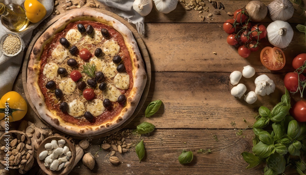 Copy Space image of Delicious pizza margarita with mozzarella on dark wooden Copy Space image of Delicious pizza margarita with mozzarella on dark wooden