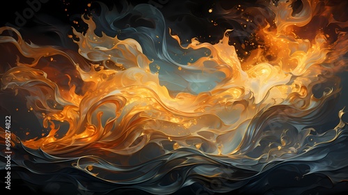 A dreamlike close-up of liquid flames in shimmering gold and silver colors blazing in a surreal world