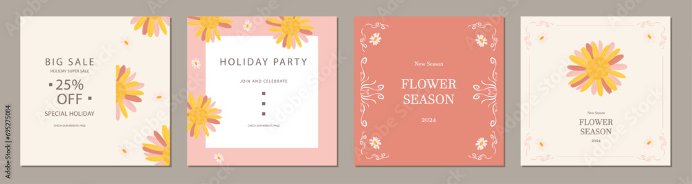 artistic square template in set. artistic banners with flowers and border design. Vector illustration for card, banner, invitation, social media post, poster, mobile apps, advertising