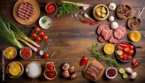 Barbecue menu. Grilled meat and vegetables on rustic wooden table © ImagineWorld