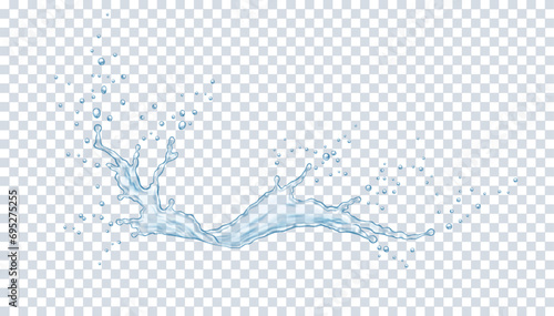 Translucent water flow with drops realistic vector illustration. Liquid splashing with bubbles 3d element on transparent mesh background photo