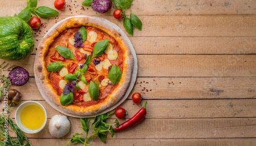 Copy Space image of Pizza Margherita on wooden background, landscape view background.