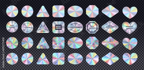 Holographic retro futuristic stickers realistic vector icons set. Illustrations with iridescent foil on transparent background. Original product labels