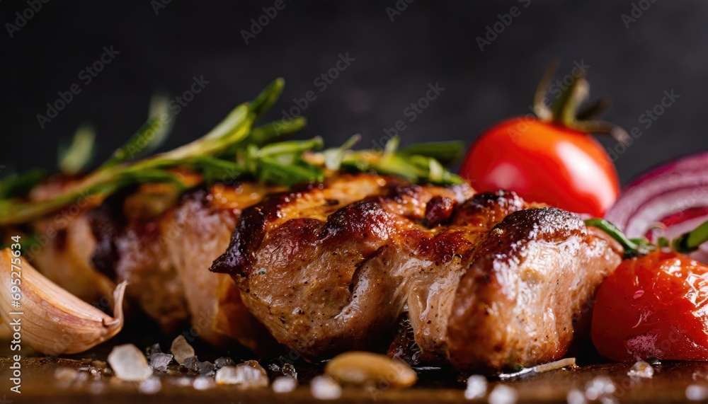 Copy Space image with close up of barbecue ribs on cutting board over wooden table.