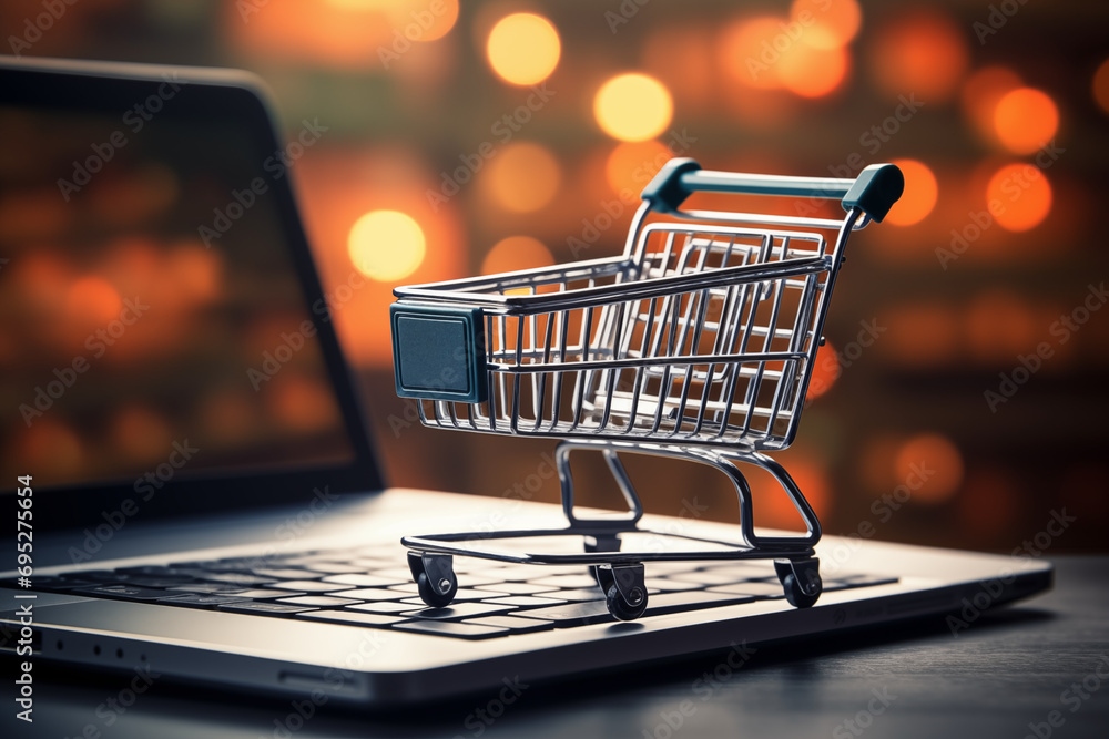Online shopping e-commerce and customer experience concept. Cute Shopping cart on a laptop keyboard, depict shopper consumers buy or purchase goods and services at home or office.  - obrazy, fototapety, plakaty 