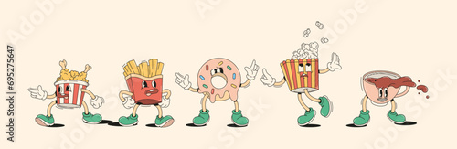 Funny junk fast food characters in retro cartoon style vector illustration set. Snacks vintage animation elements design. Children cafe menu