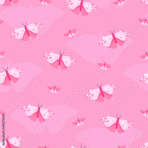 Y2K pink seamless pattern. Y2K trendy pattern with sparkle butterflies. Pink doll aesthetics. Vector seamless background.