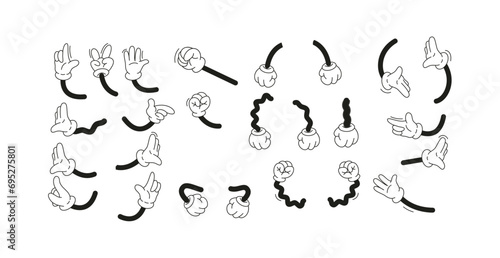 Retro cartoon character arms linear vector icons set on white background. Mascot hand gestures graphic constructor elements. Comic art