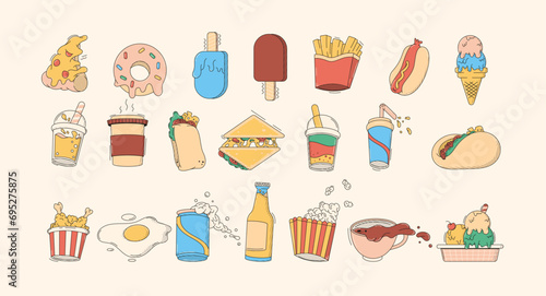 Fast food and drinks retro cartoon style vector illustration set. Tasty snacks and beverages vintage animation art design. Kids cafe menu