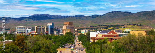 Panorama of downtown Boise  Idaho  with Capitol Blvd leading to the Idaho State Capitol building in summer.