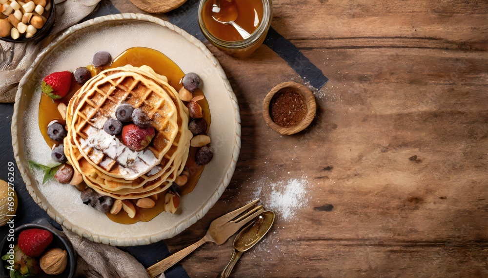 Copy Space image of Freshly made belgian waffles with honey flows and powdered sugar. Copy Space image of Freshly made belgian waffles with honey flows and powdered sugar.