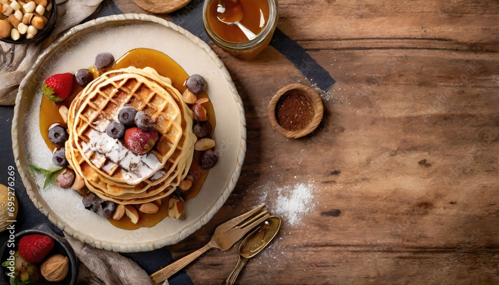 Copy Space image of Freshly made belgian waffles with honey flows and powdered sugar.