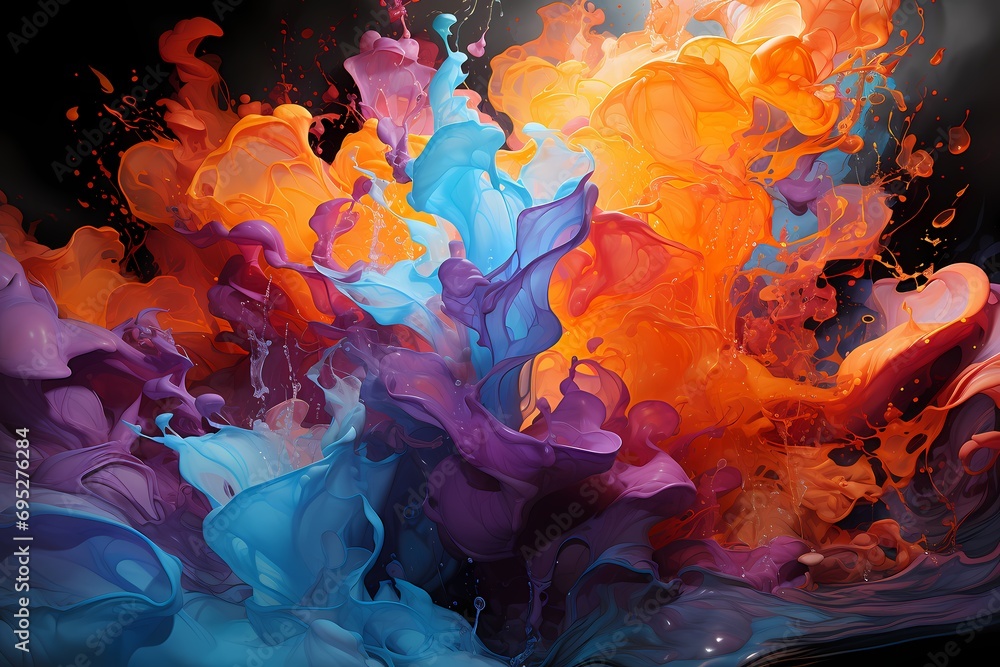 A dynamic and energetic composition showcasing a collision of intense liquid colors, resulting in a visually powerful impact