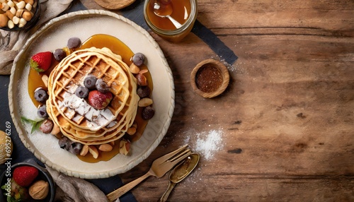 Copy Space image of Freshly made belgian waffles with honey flows and powdered sugar.