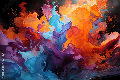 A dynamic and energetic composition showcasing a collision of intense liquid colors, resulting in a visually powerful impact