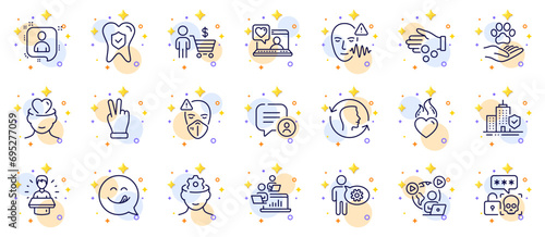 Outline set of Cyber attack, Voice wave and Apartment insurance line icons for web app. Include Video conference, Mental health, Cogwheel pictogram icons. Teamwork, Yummy smile, Face id signs. Vector