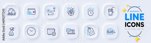 Packing things, Online survey and Buying accessory line icons for web app. Pack of Loyalty tags, Food delivery, Medical cleaning pictogram icons. Time, Calendar, Journey signs. Vector