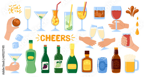 Alcohol drinks collection. Alcoholic bottles and glasses. Alcohol cocktail drinks, wine, champagne, beer, martini, whiskey, gin and cognac. Vector illustration in doodle style 
