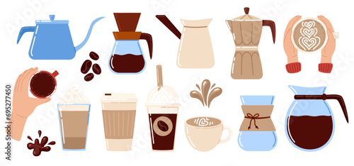 Hot and cold coffee beverage. Collection coffee elements. Espresso coffee, cappuccino and latte. French press, mug, cup, kettle. Coffee shop. Vector illustration in doodle style 