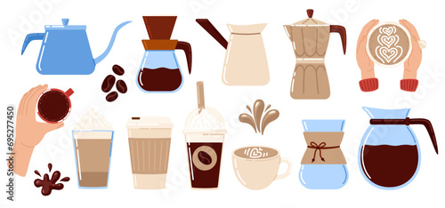 Hot and cold coffee beverage. Collection coffee elements. Espresso coffee, cappuccino and latte. French press, mug, cup, kettle. Coffee shop. Vector illustration in doodle style 
