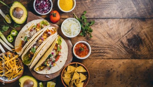 Wallpaper Mural Copy Space image of Taco bar side border with an assortment of ingredients. Top view on a dark wood banner background Torontodigital.ca
