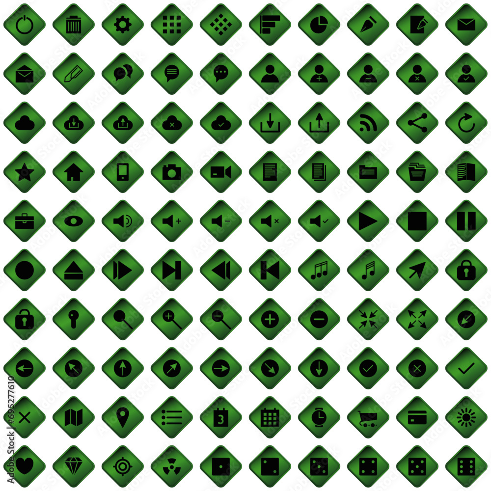 100 icônes, pictogrammes, sur boutons en forme de losange vert pour site web ou interface d'application, softaware…