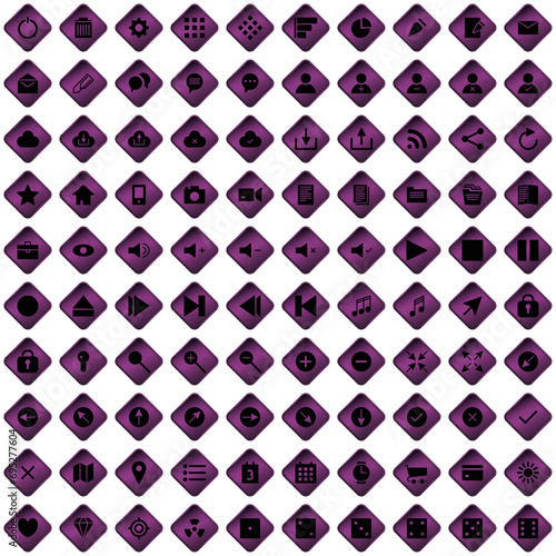 100 icônes, pictogrammes, sur boutons en forme de losange violet pour site web ou interface d'application, softaware…