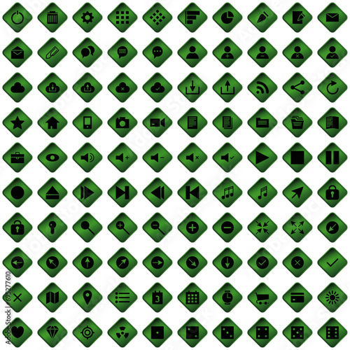 100 icônes, pictogrammes, sur boutons en forme de losange vert pour site web ou interface d'application, softaware…