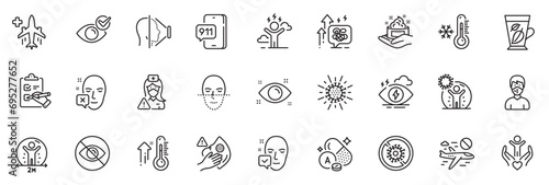 Icons pack as Not looking, Vitamin a and Stop coronavirus line icons for app include Health eye, Dirty mask, Difficult stress outline thin icon web set. Medical flight. Vector