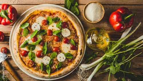 Copy Space image of Pizza Margherita on wooden background, Pizza Margarita with Tomatoes,