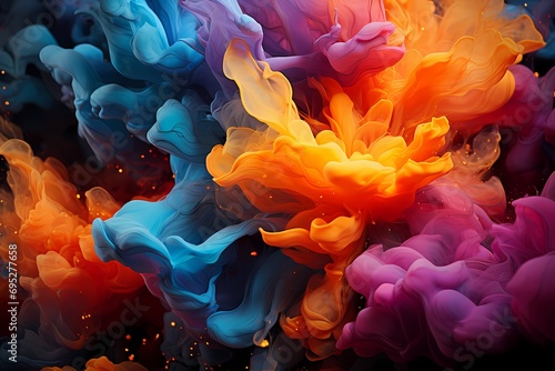 A dynamic explosion of liquid colors captured in mid-motion, frozen in time to reveal the beauty and intricacy of the abstract patterns