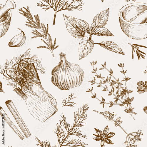 Seamless pattern with hand drawn herbs and spices. Vintage style culinary illustrations, vector