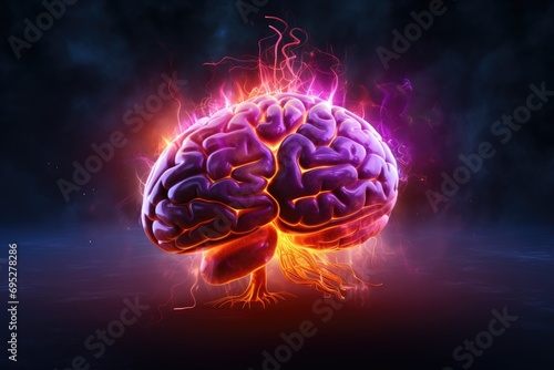 Human brain neon hologram with fire, long-term memory, storage of information, short-term memory, mind processing informations and stimuli, brain's neurons fire, deep learning and remembering process