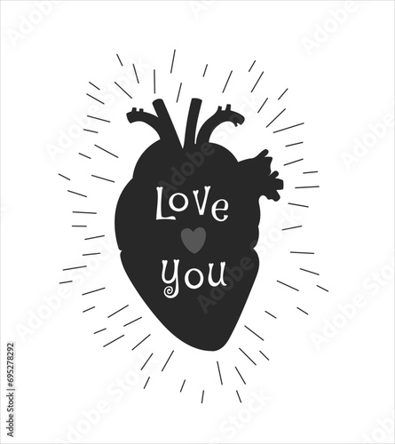 Love natural anatomical heart silhouette with Love you phase and splash around. 