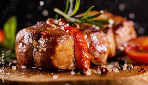 Copy Space image with close up of barbecue ribs on cutting board over wooden table.