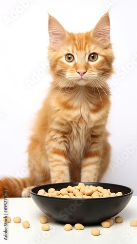 vertical portrait of ginger striped fluffy happy cat near bowl with dry food. kitten looking at camera on white background with copy space. mock up . AI