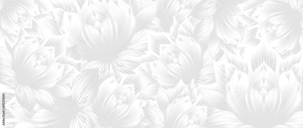 Floral background design with abstract white lotus flower pattern. Luxury vector horizontal template for Valentine's Day congratulation card, wedding invitation, flyer, gift certificate on 8 March. Floral background design with abstract white lotus flower pattern. Luxury vector horizontal template for Valentine's Day congratulation card, wedding invitation, flyer, gift certificate on 8 March.