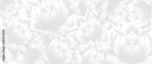 Floral background design with abstract white lotus flower pattern. Luxury vector horizontal template for Valentine's Day congratulation card, wedding invitation, flyer, gift certificate on 8 March. 