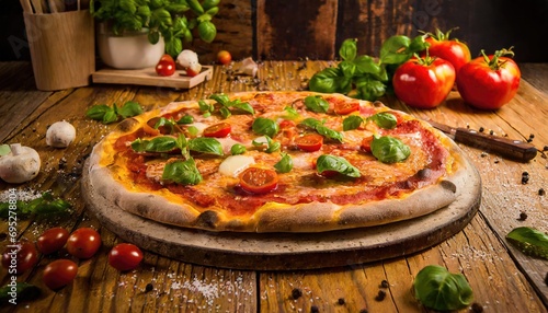 Copy Space image of Pizza Margherita on wooden background, Pizza Margarita with Tomatoes,