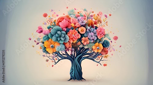 Human brain tree with flower concept, self care concept, positive thinking and creative mind photo