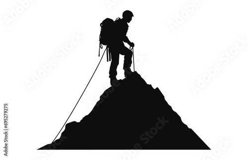 Male Alpinist Silhouette Vector isolated on a white background, Climber on Mountain with trekking pole black Silhouette Clipart photo