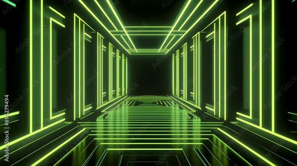 A corridor with black bars and Green and white light behind it, in the style of optical geometry, 8k 3d, strong diagonals, neon lights, minimalist stage designs, zigzags, neon and fluorescent light A corridor with black bars and Green and white light behind it, in the style of optical geometry, 8k 3d, strong diagonals, neon lights, minimalist stage designs, zigzags, neon and fluorescent light