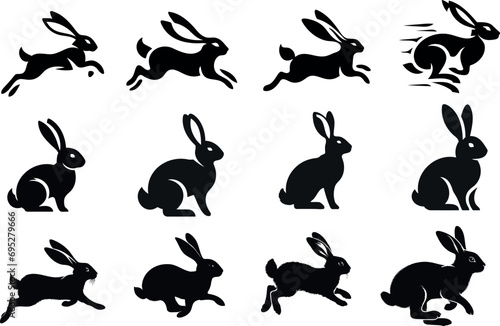 rabbit silhouettes on white background, various poses. Perfect for Easter, pet, animal themes. Editable vector illustration elements. Hopping, sitting, running, alert rabbits. Playful, cute bunnies