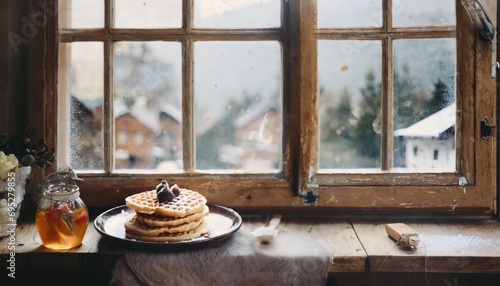 Copy Space image through windows of Belgian waffles with berries and powdered sugar in a white plate on a dark wooden