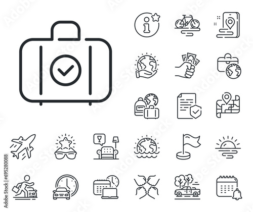 Travel handbag sign. Plane jet, travel map and baggage claim outline icons. Carry-on baggage line icon. Allowed luggage bag symbol. Carry-on baggage line sign. Car rental, taxi transport icon. Vector