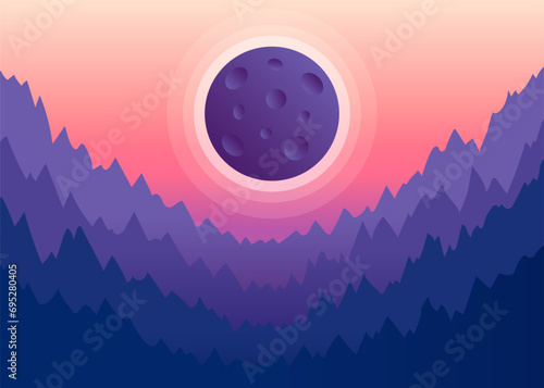 Solar eclipse in nature with mountain. Moon shading sun. Eclipse phase with formation total umbra. Vector