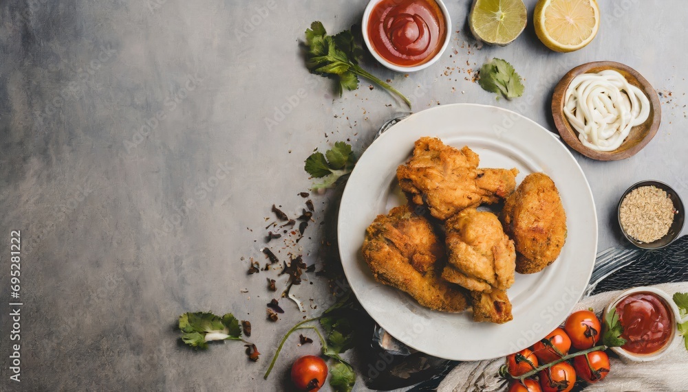 Copy Space image of crunchy Baked Chicken Tenders on a plate with tomato sauce, flat lay Copy Space image of crunchy Baked Chicken Tenders on a plate with tomato sauce, flat lay
