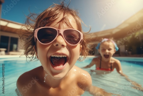 Joyful child with sunglasses swimming in a pool on a sunny day, with another kid in the background. Summer fun concept. photo
